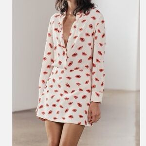 Zara White Shirt with Red and Black Lip Print